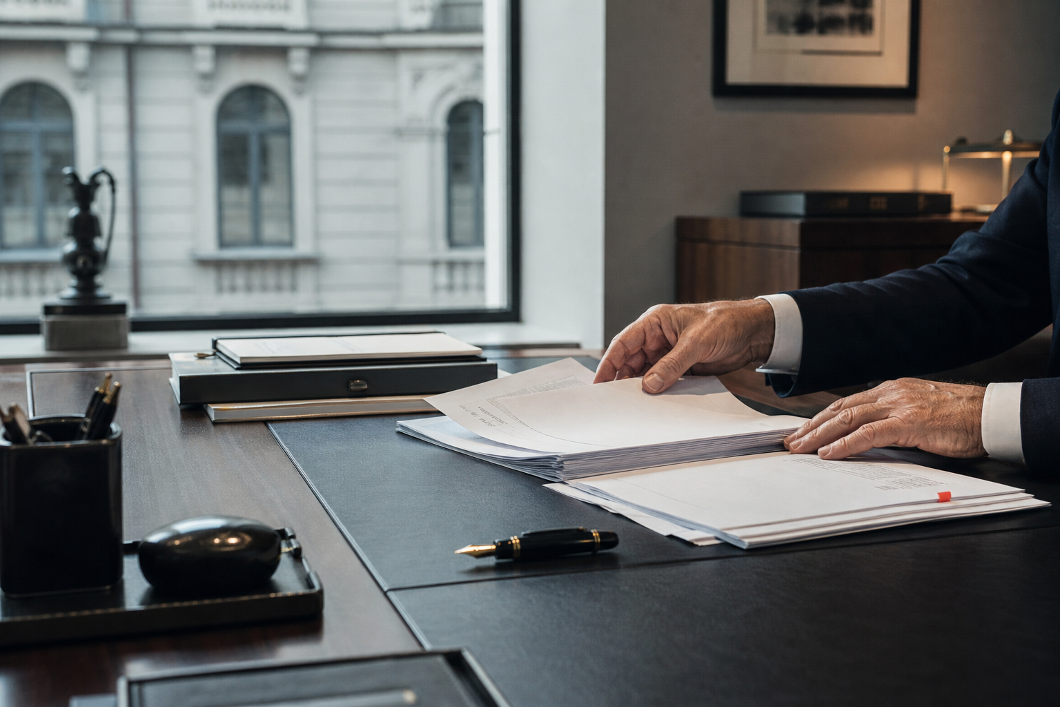 Counsel reviewing a company mandate file at a desk